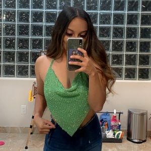 Meshki Daphne Diamante Cowl Neck Halter Green embellished top